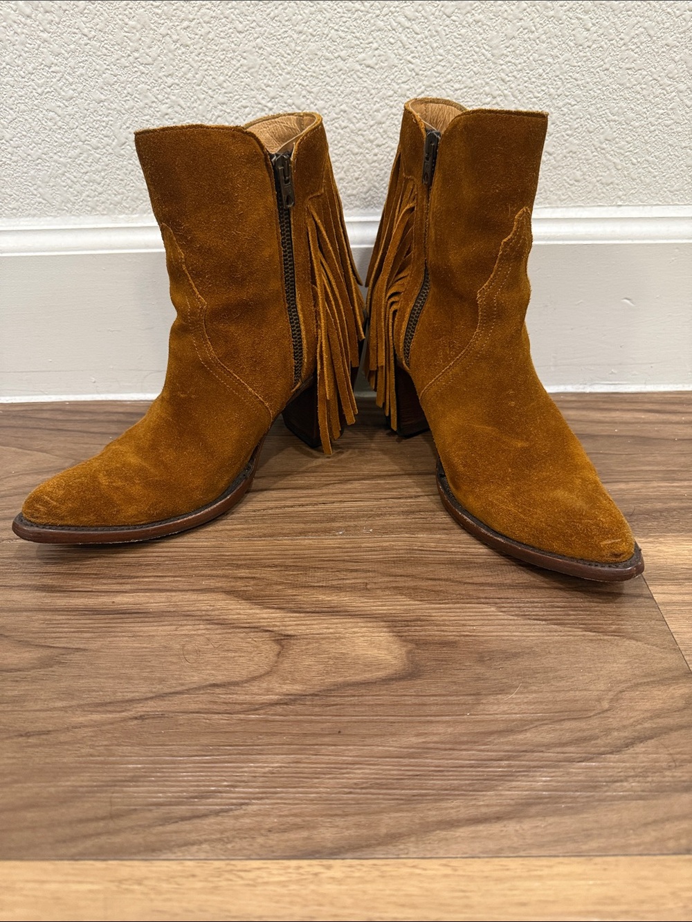 Lucchese Suede Fringe Ankle Boots in Cognac Brown - Picture 2 of 7